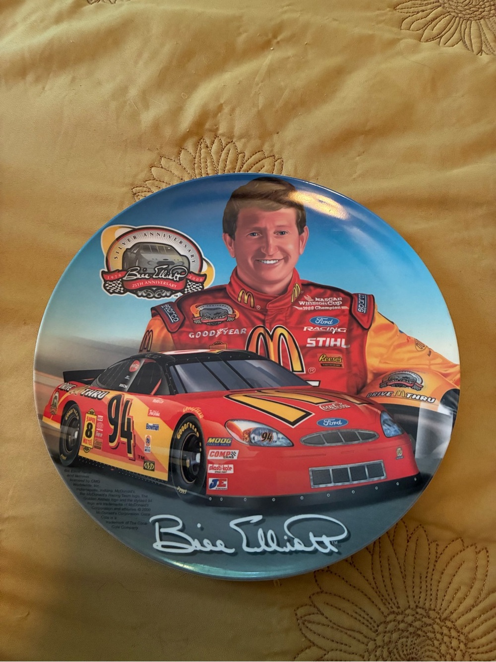 Collectible Racing Plate - Red and Yellow. Bill Elliott #94 plastic